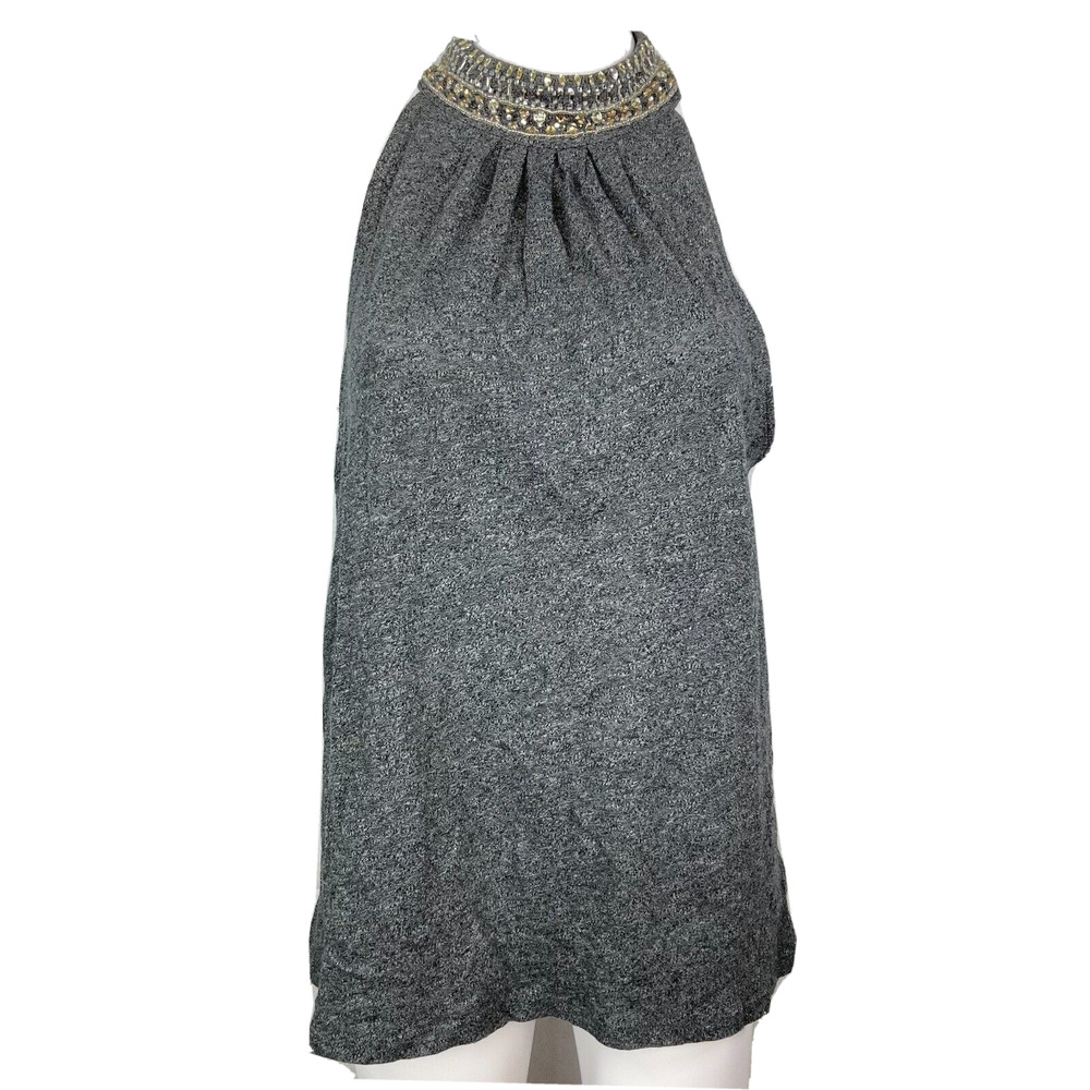 Vanessa Virginia Anthro Shirt Womens Sz M Gray High Neck‎ Beaded Top Sleeveless
